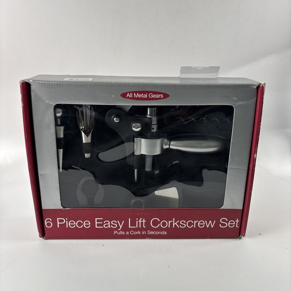 NIB! 6 Piece Easy Lift Corkscrew Set Pulls Corks in Seconds All Metal Gears